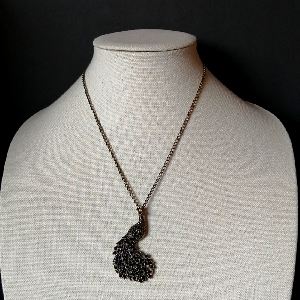 Peacock Art Nouveau Style Brass Colour Dark Rhinestone Pendant on Chain
